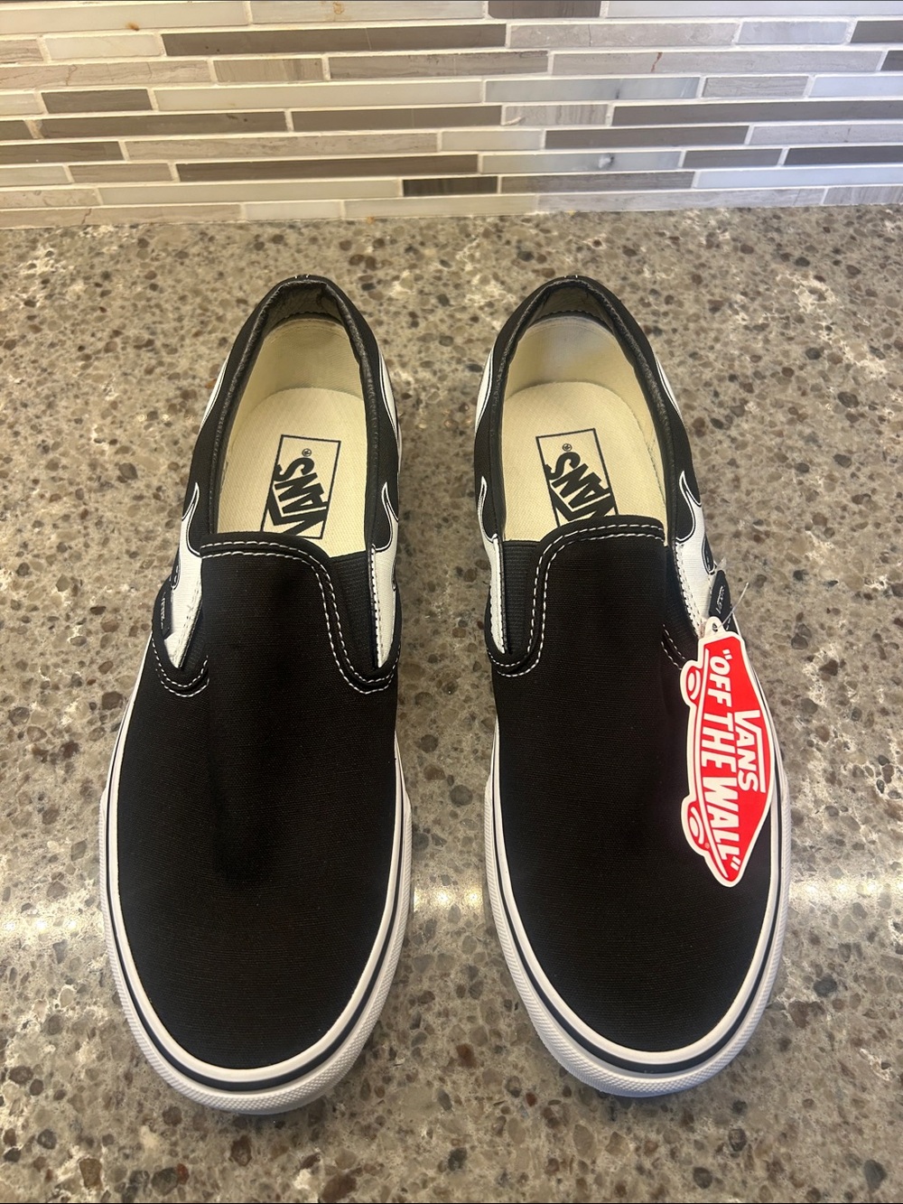 Vans Black & White Classic Slip-On, Flame Black, M8/W10, NWT